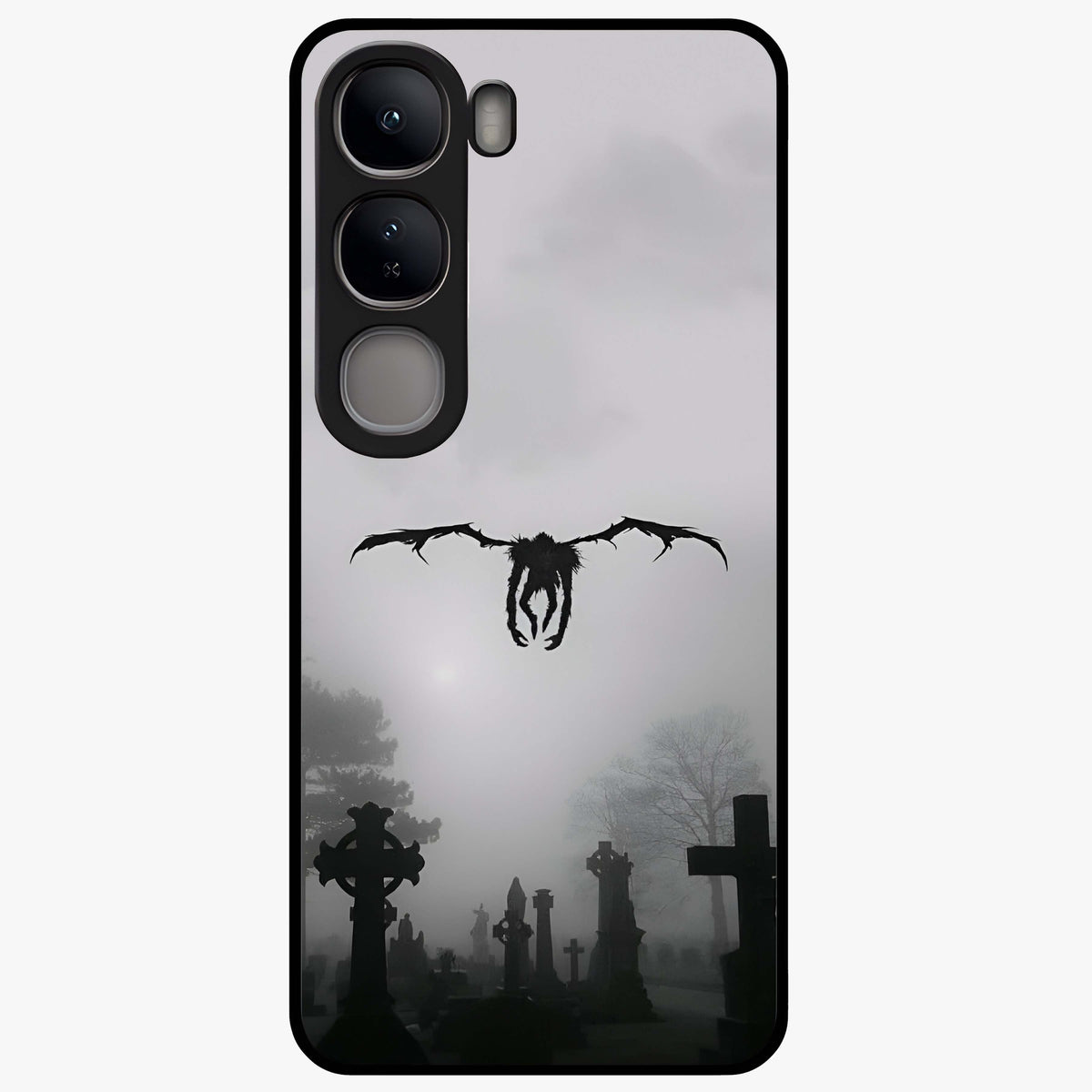 Graveyard Shadow Descent Glass Case showing flat back view with dark graveyard themed artwork and glossy glass finish.