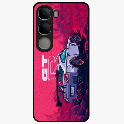 GT-R Car Pattern Glass Case showing flat back view with sporty car inspired pattern artwork and glossy glass finish.