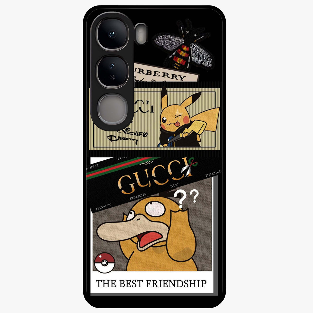 Gucci Play Mashup Glass Case showing flat back view with luxury inspired graphic artwork and glossy glass finish.