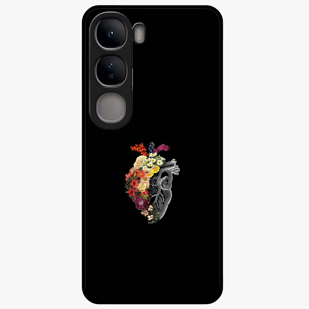 Heart With Flowers Glass Case showing flat back view with heart shaped floral artwork and glossy glass finish.