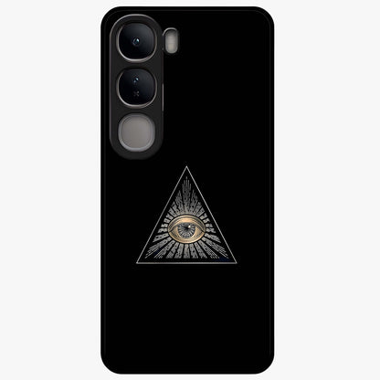 Illuminati Evil Glass Case showing flat back view with mysterious illuminati symbol artwork and glossy glass finish.