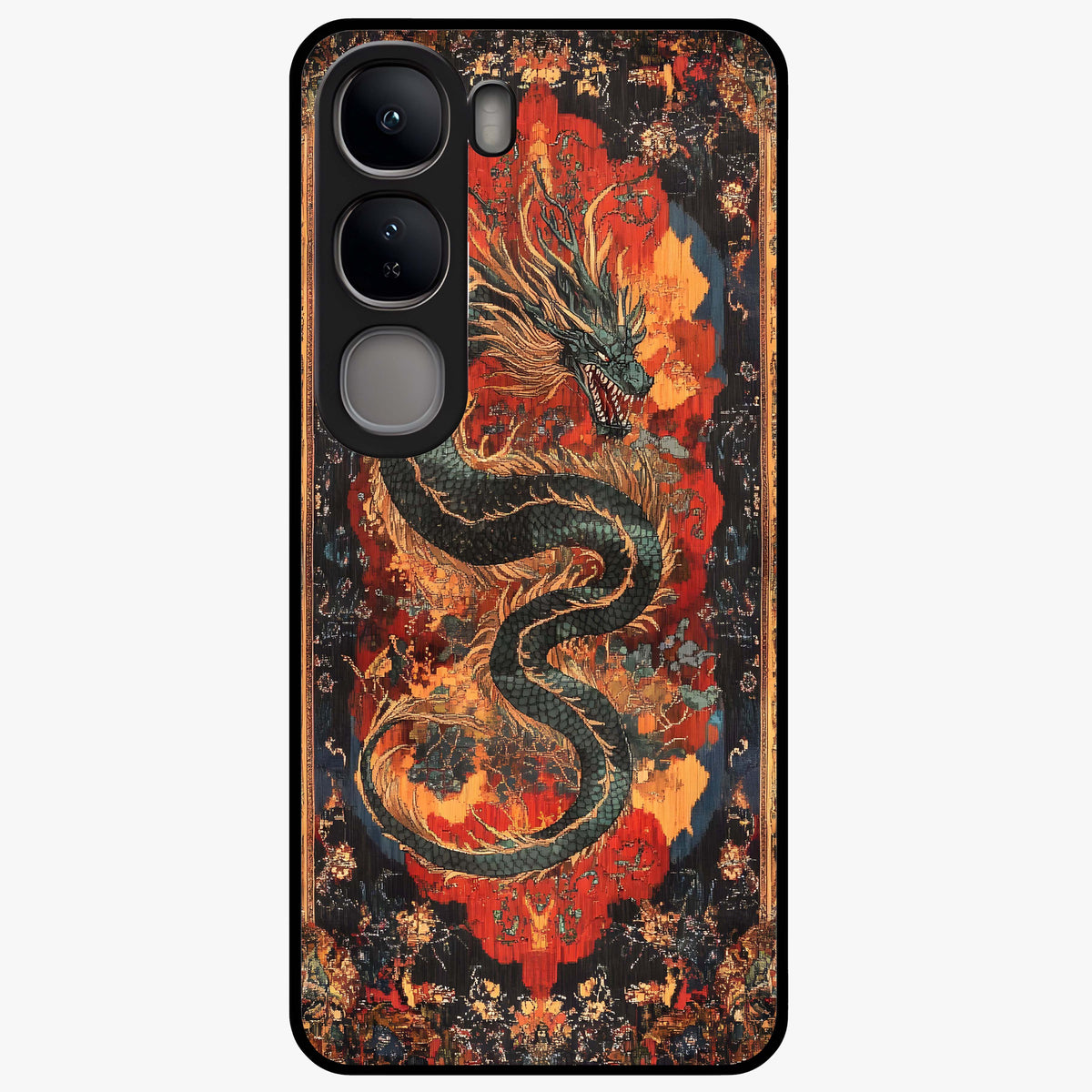 Inferno Dragon Soul Glass Case showing flat back view with fiery dragon artwork and glossy glass finish.