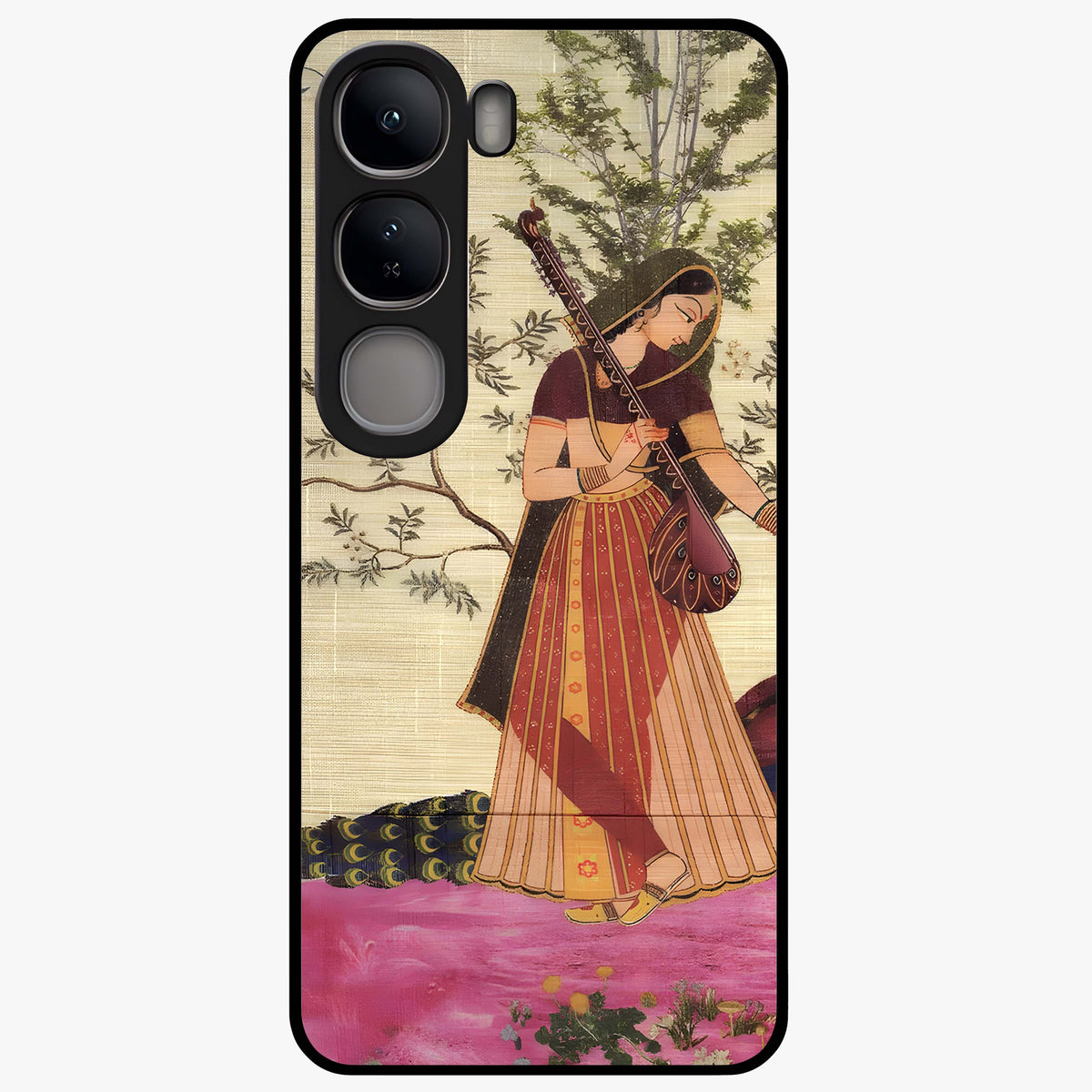 Lady With Veena Art Glass Case showing flat back view with elegant woman playing veena artwork and glossy glass finish.