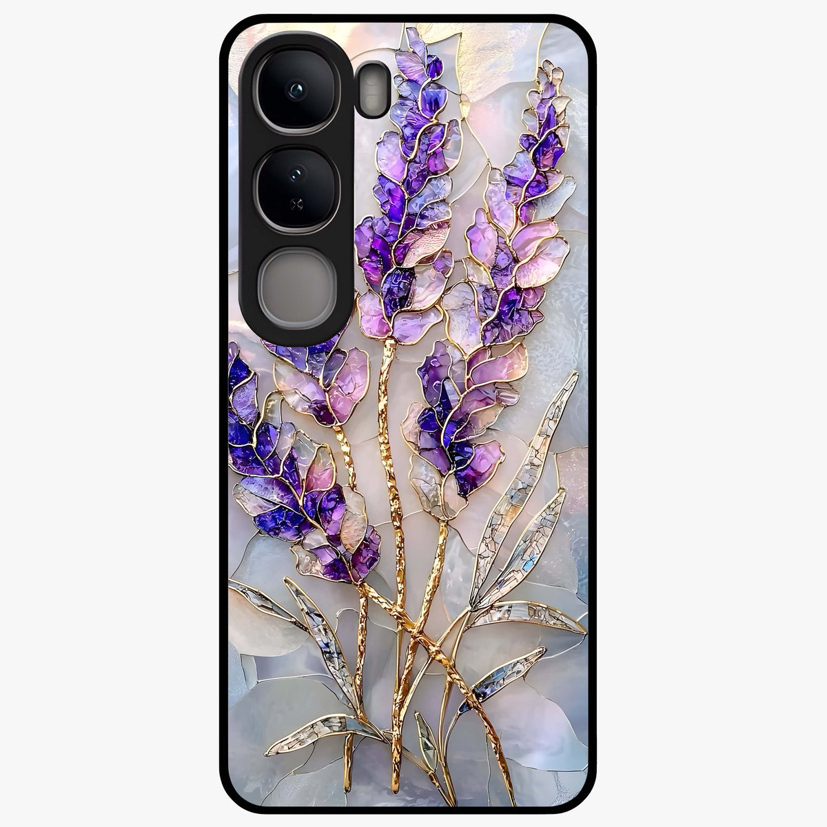 Lavender Dream Glow Glass Case showing flat back view with glowing lavender aesthetic artwork and glossy glass finish.