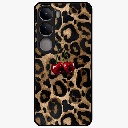 Leopard Wild Cherry Glass Case showing flat back view with leopard pattern and cherry artwork and glossy glass finish.