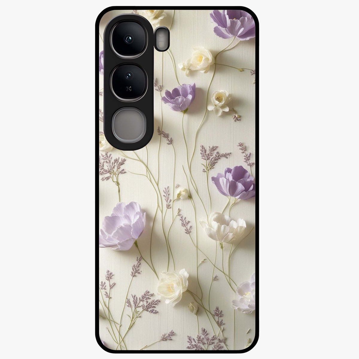 Lilac Breeze Harmony Glass Case showing flat back view with soft lilac themed artwork and glossy glass finish.