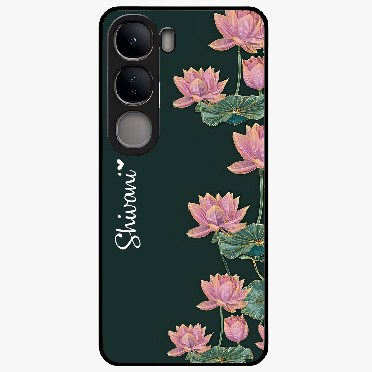 Lotus Bloom Serenity Custom Name Glass Case showing flat back view with elegant lotus flower artwork and personalized name design.