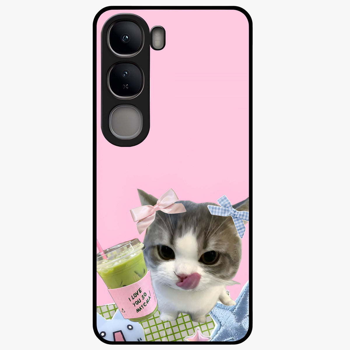 Love Matcha Cat Glass Case showing flat back view with cute cat and matcha themed artwork and glossy glass finish.