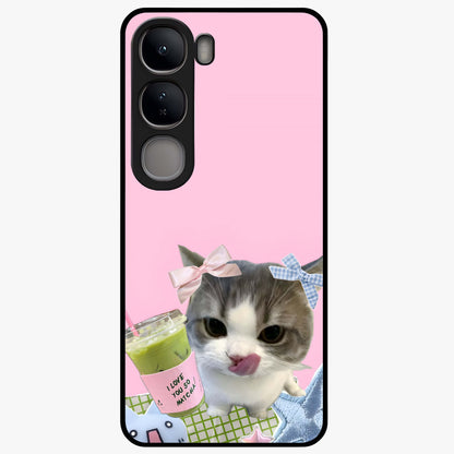 Love Matcha Cat Glass Case showing flat back view with cute cat and matcha themed artwork and glossy glass finish.
