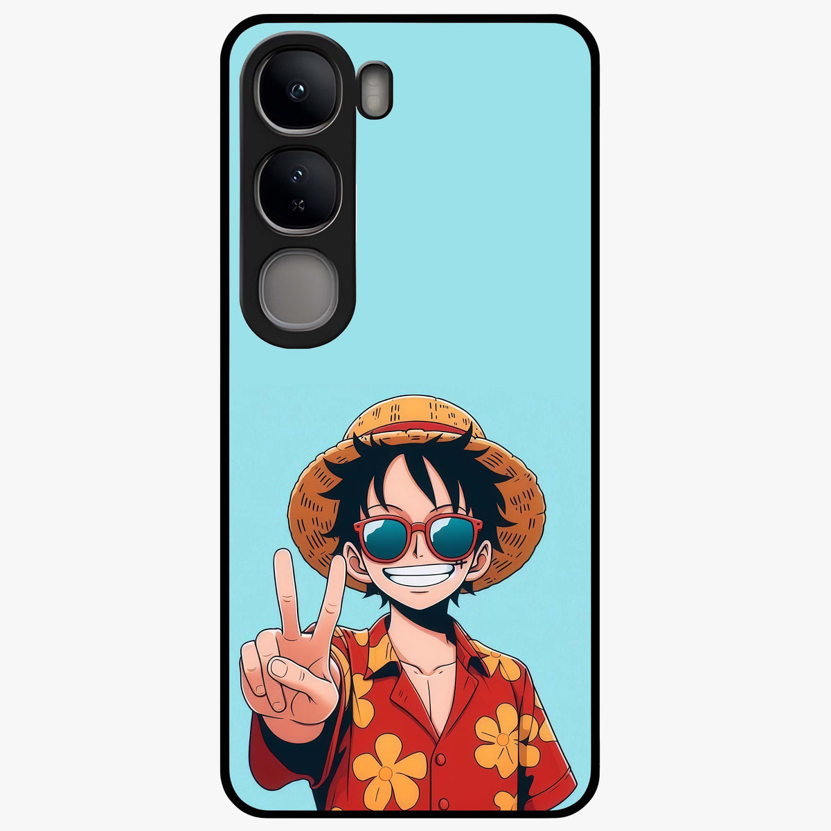Luffy Summer Anime Vibe Glass Case showing flat back view with vibrant anime character artwork and glossy glass finish.