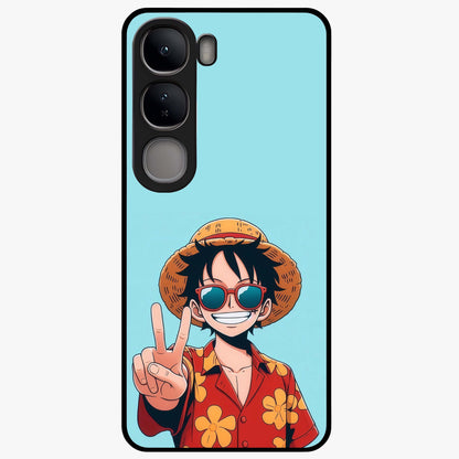 Luffy Summer Anime Vibe Glass Case showing flat back view with vibrant anime character artwork and glossy glass finish.