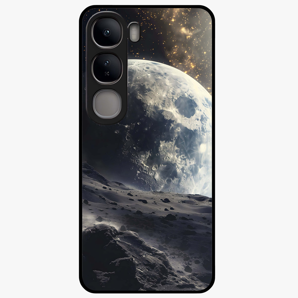 Lunar Horizon Glow Glass Case showing flat back view with glowing moon horizon artwork and glossy glass finish.