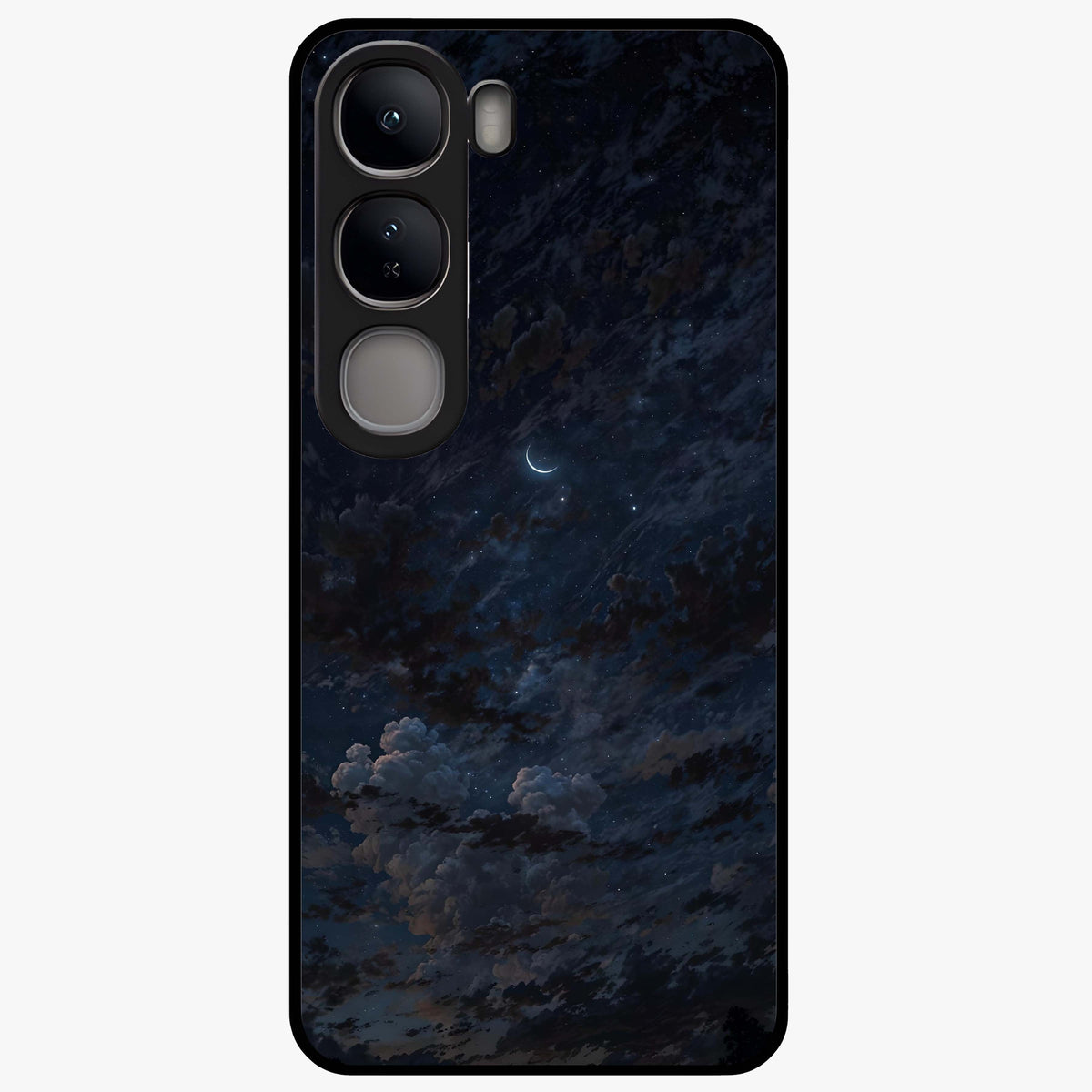 Lunar Veil Silence Glass Case showing flat back view with mystical moon veil artwork and glossy glass finish.
