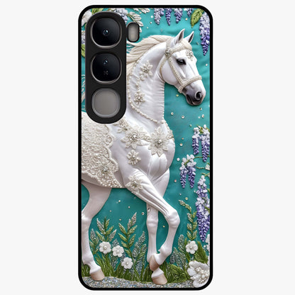 Majestic Floral Stallion Glass Case showing flat back view with powerful horse and floral artwork and glossy glass finish.
