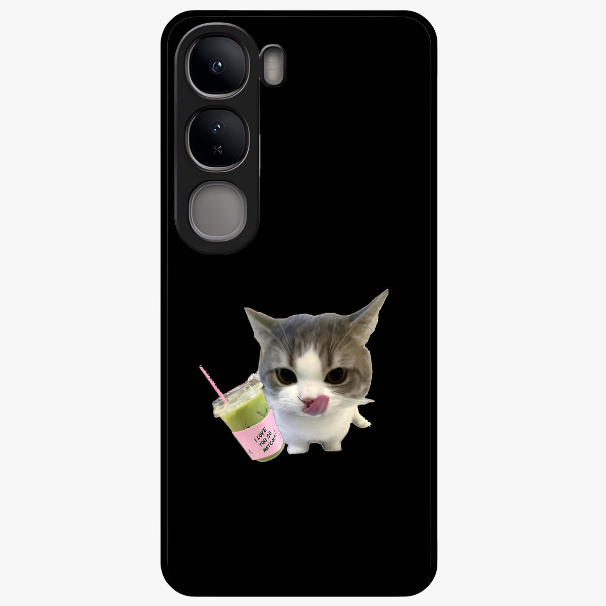 Matcha Cat Style Glass Case showing flat back view with cute matcha themed cat artwork and glossy glass finish.