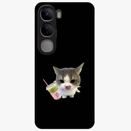 Matcha Cat Style Glass Case showing flat back view with cute matcha themed cat artwork and glossy glass finish.