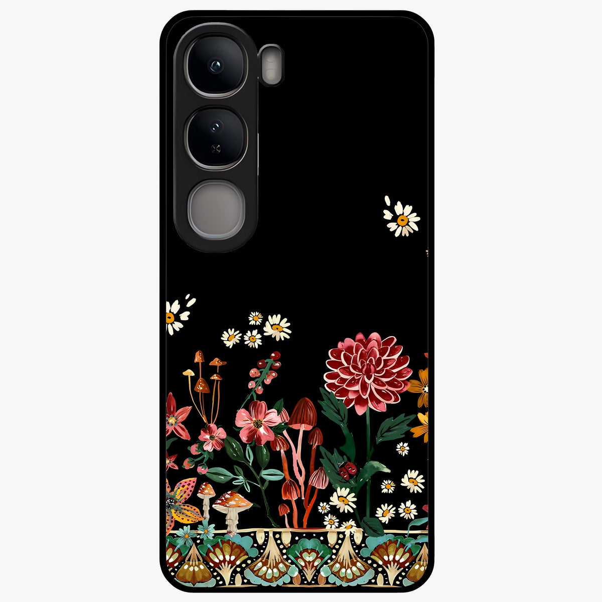 Midnight Bloom Pattern Glass Case showing flat back view with dark floral pattern artwork and glossy glass finish.
