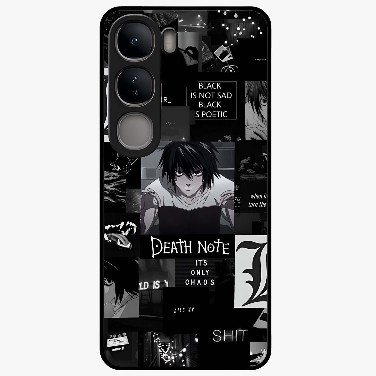 Midnight Chaos Mind Glass Case showing flat back view with abstract dark themed artwork and glossy glass finish.
