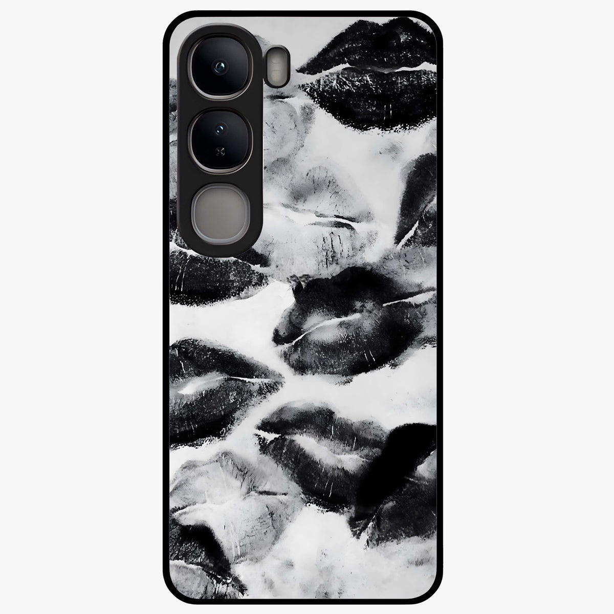 Midnight Kiss Marks Glass Case showing flat back view with lipstick kiss mark artwork and glossy glass finish.
