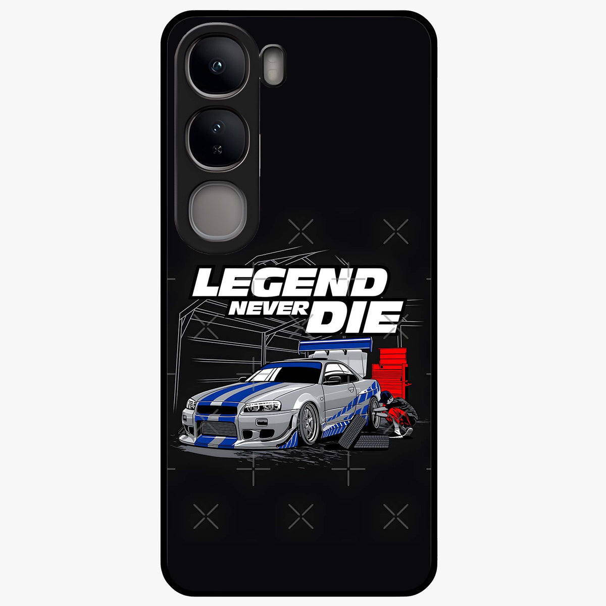 Midnight Racing Legacy Glass Case showing flat back view with sleek racing inspired artwork and glossy glass finish.