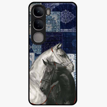 Midnight Stallion Blues Glass Case showing flat back view with majestic horse artwork and glossy glass finish.