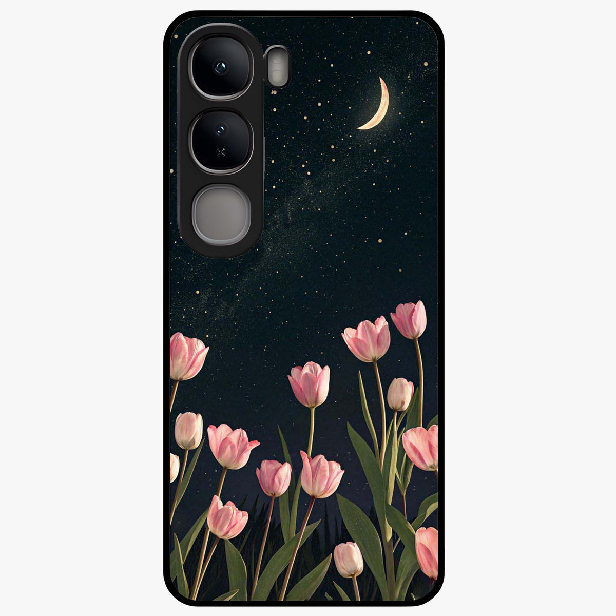 Midnight Tulip Whispers Vibe Glass Case showing flat back view with elegant tulip flower artwork and glossy glass finish.