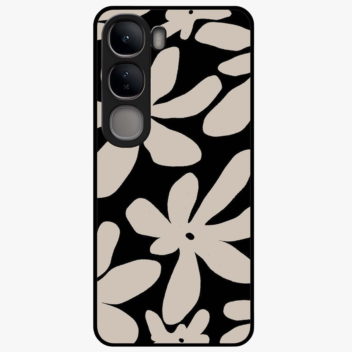 Monochrome Petal Dance Glass Case showing flat back view with monochrome floral artwork and glossy glass finish.
