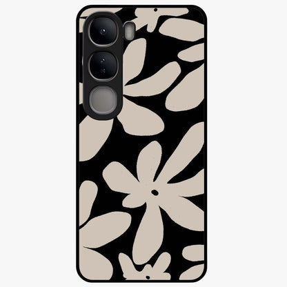 Monochrome Petal Dance Glass Case showing flat back view with monochrome floral artwork and glossy glass finish.