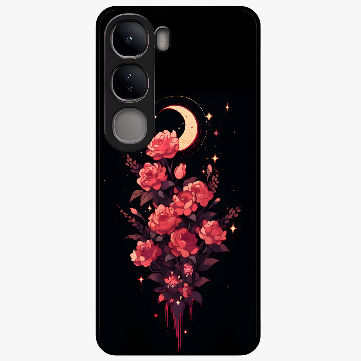 Moonlit Floral Elegance Glass Case showing flat back view with elegant floral artwork under moonlit tones and glossy glass finish.