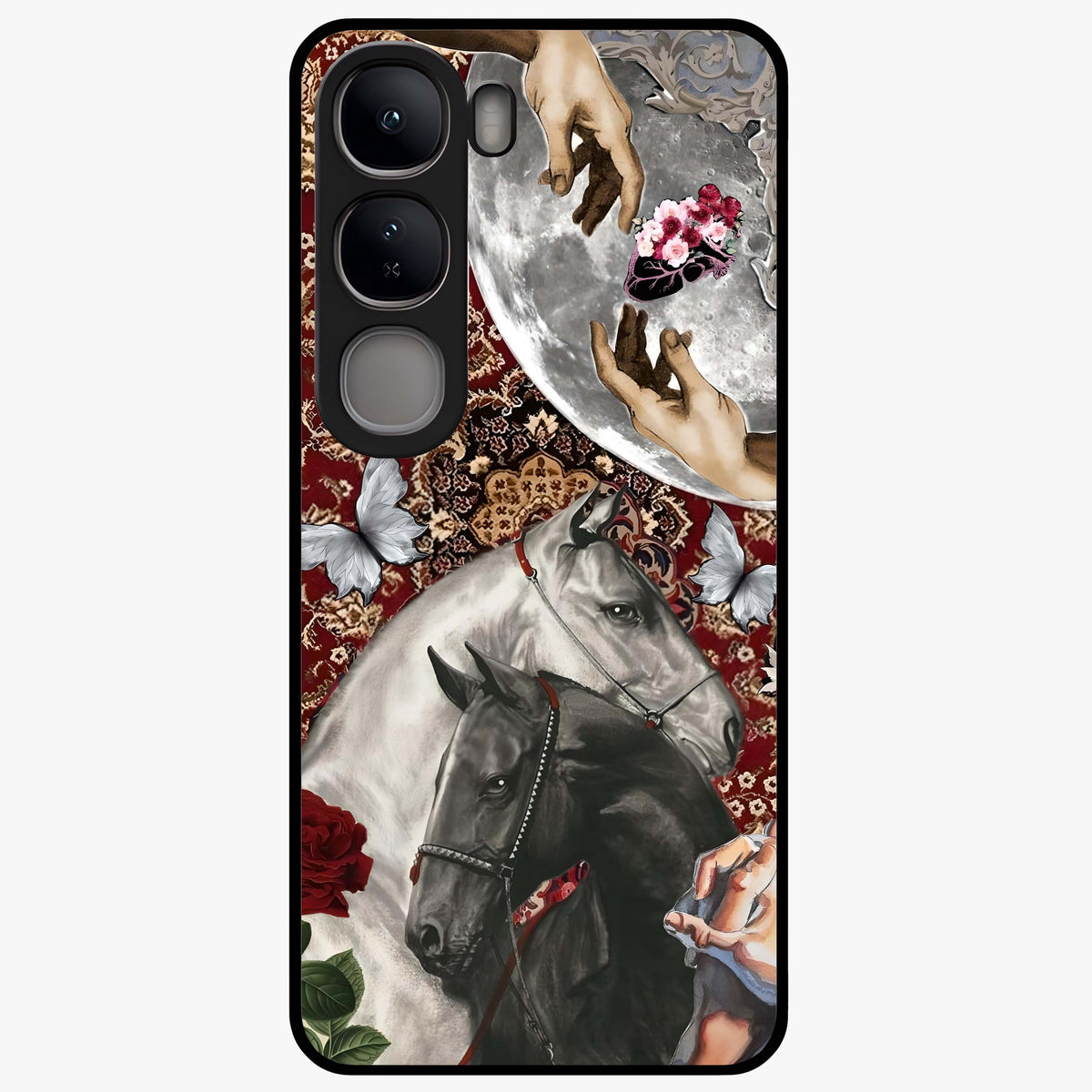 Moonlit Royal Stallion Glass Case showing flat back view with majestic horse under moonlight artwork and glossy glass finish.