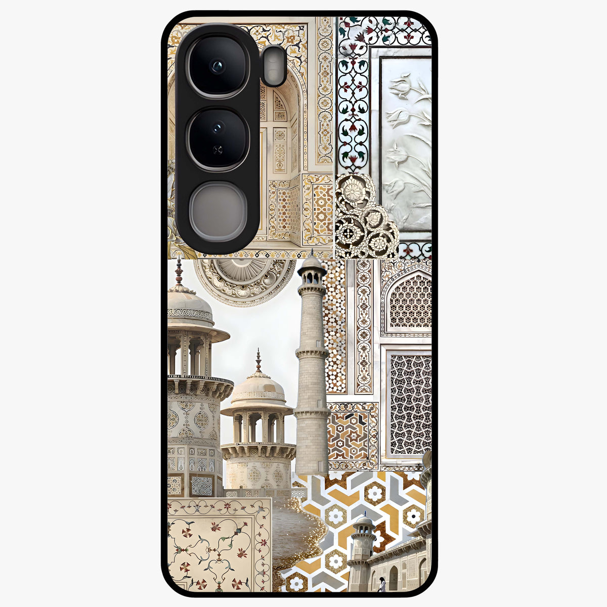 Mughal Marble Legacy Glass Case showing flat back view with intricate Mughal inspired marble pattern and glossy glass finish.