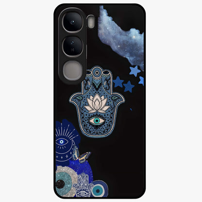 Mystic Hand Aura Glass Case showing flat back view with mystical hand symbol artwork and glossy glass finish.