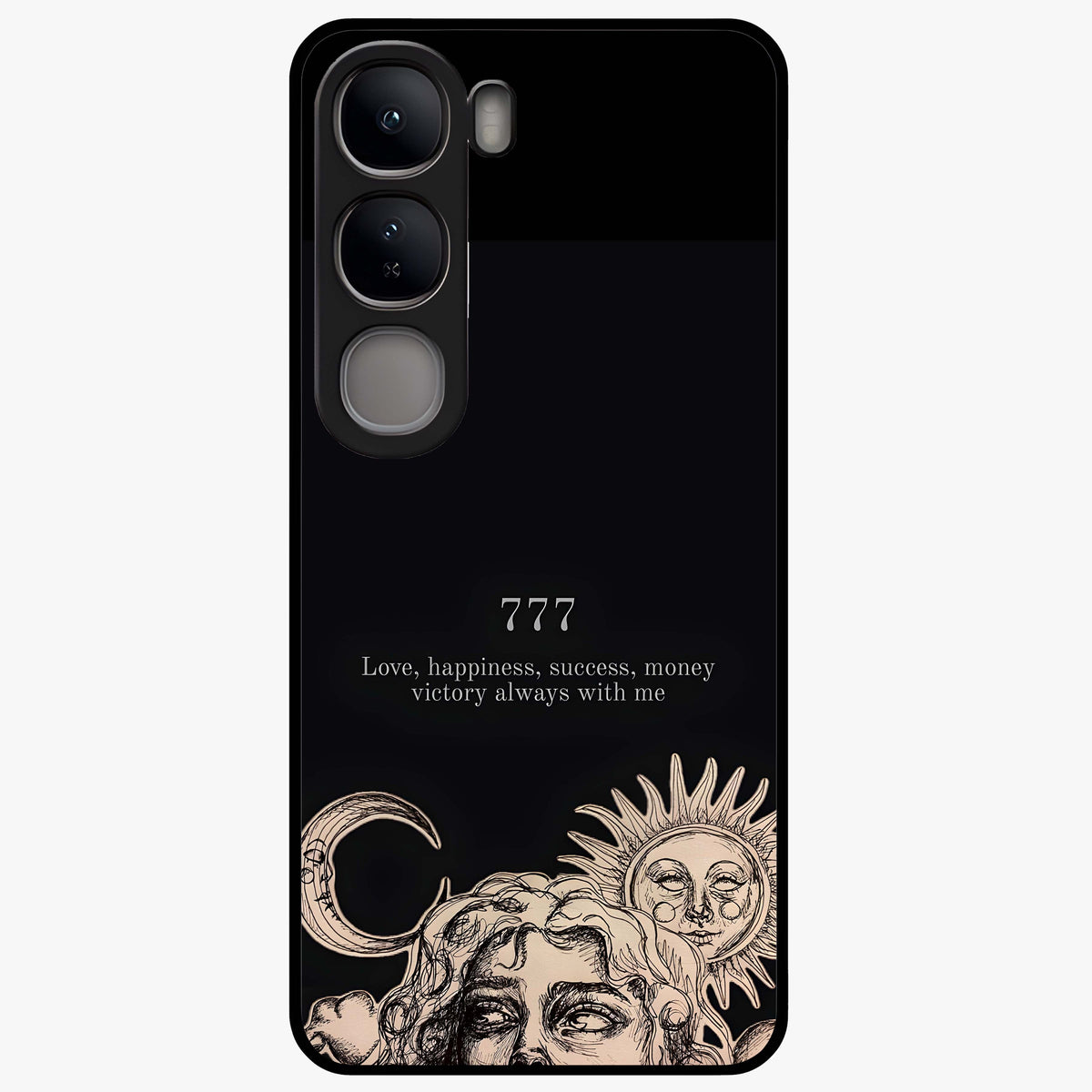 Mystic Victory Aura Glass Case showing flat back view with victory symbol artwork and glossy glass finish.