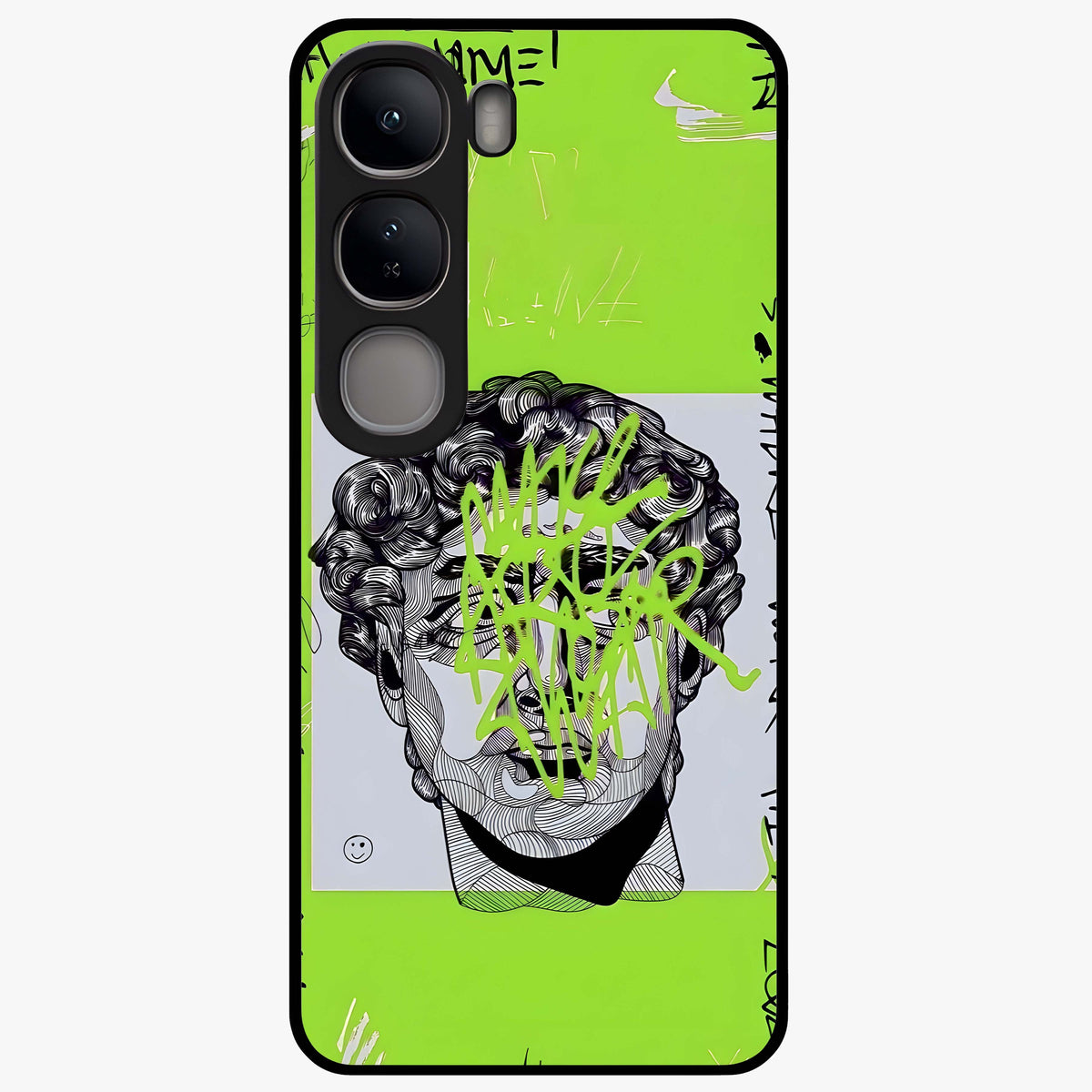 Neo Graffiti Rebellion Glass Case showing flat back view with vibrant graffiti artwork and glossy glass finish.