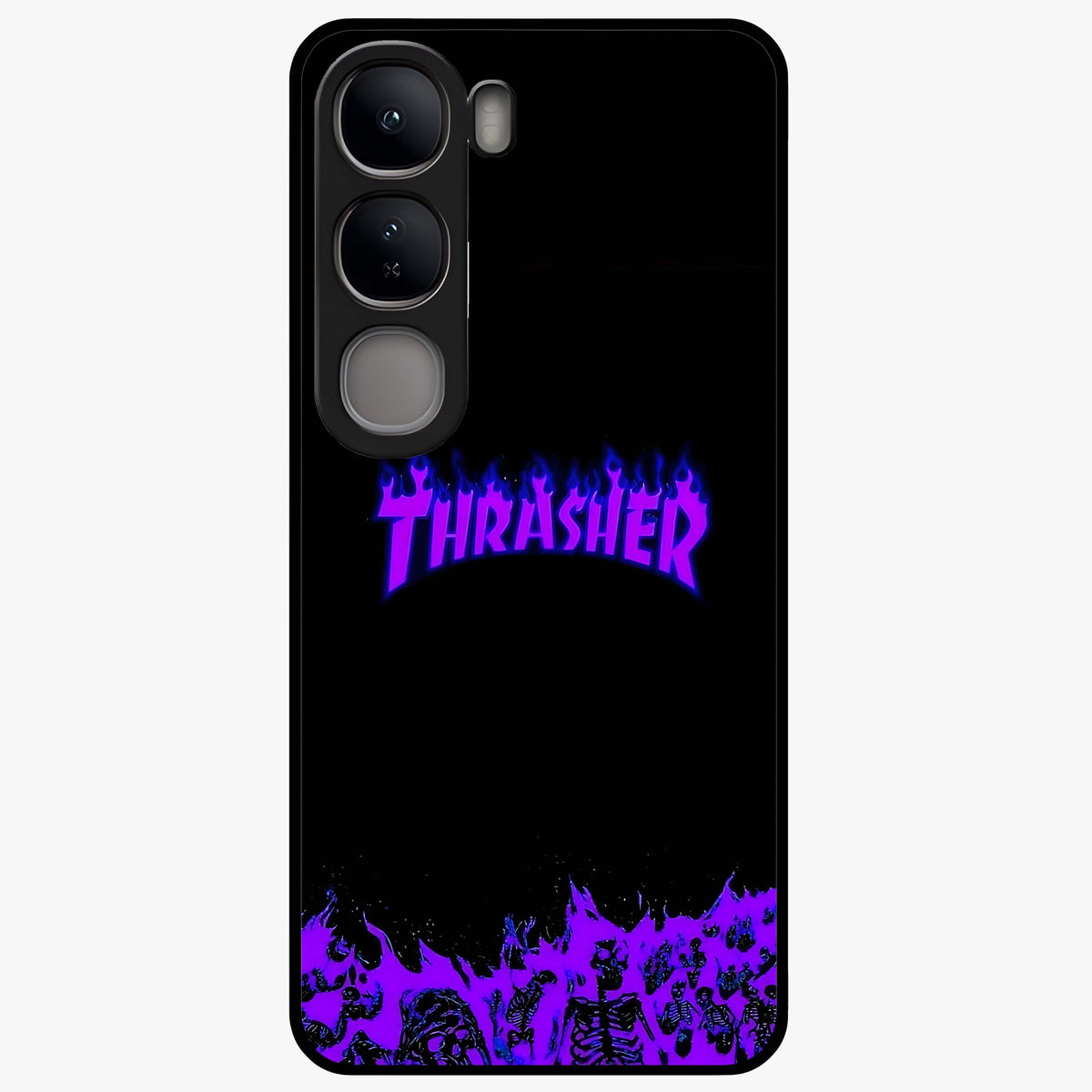 Neon Flame Riot Glass Case showing flat back view with neon flame artwork and glossy glass finish.