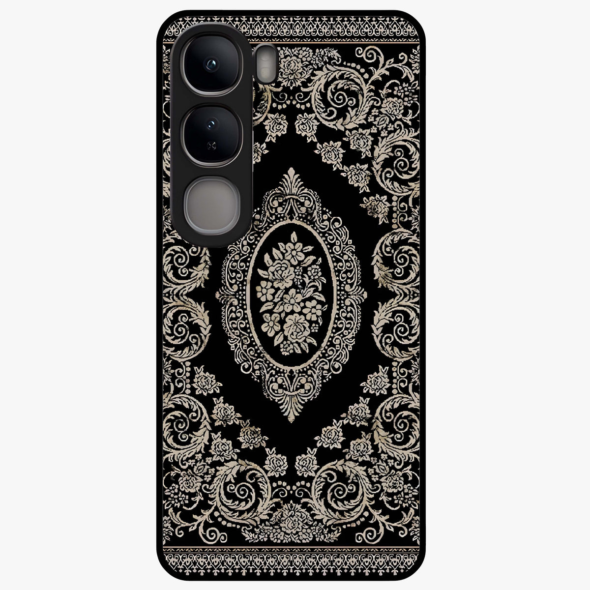 Noir Bloom Elegance Glass Case showing flat back view with elegant dark floral artwork and glossy glass finish.