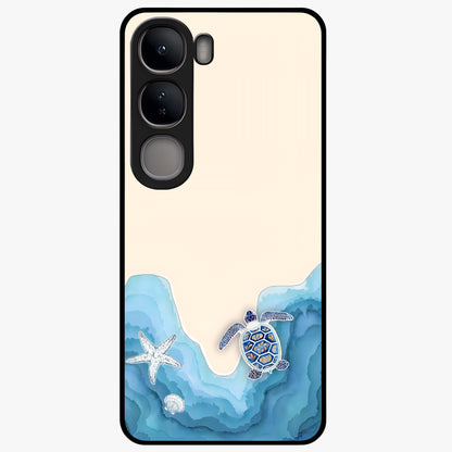 Ocean Drift Turtle Glass Case showing flat back view with sea turtle artwork and glossy glass finish.