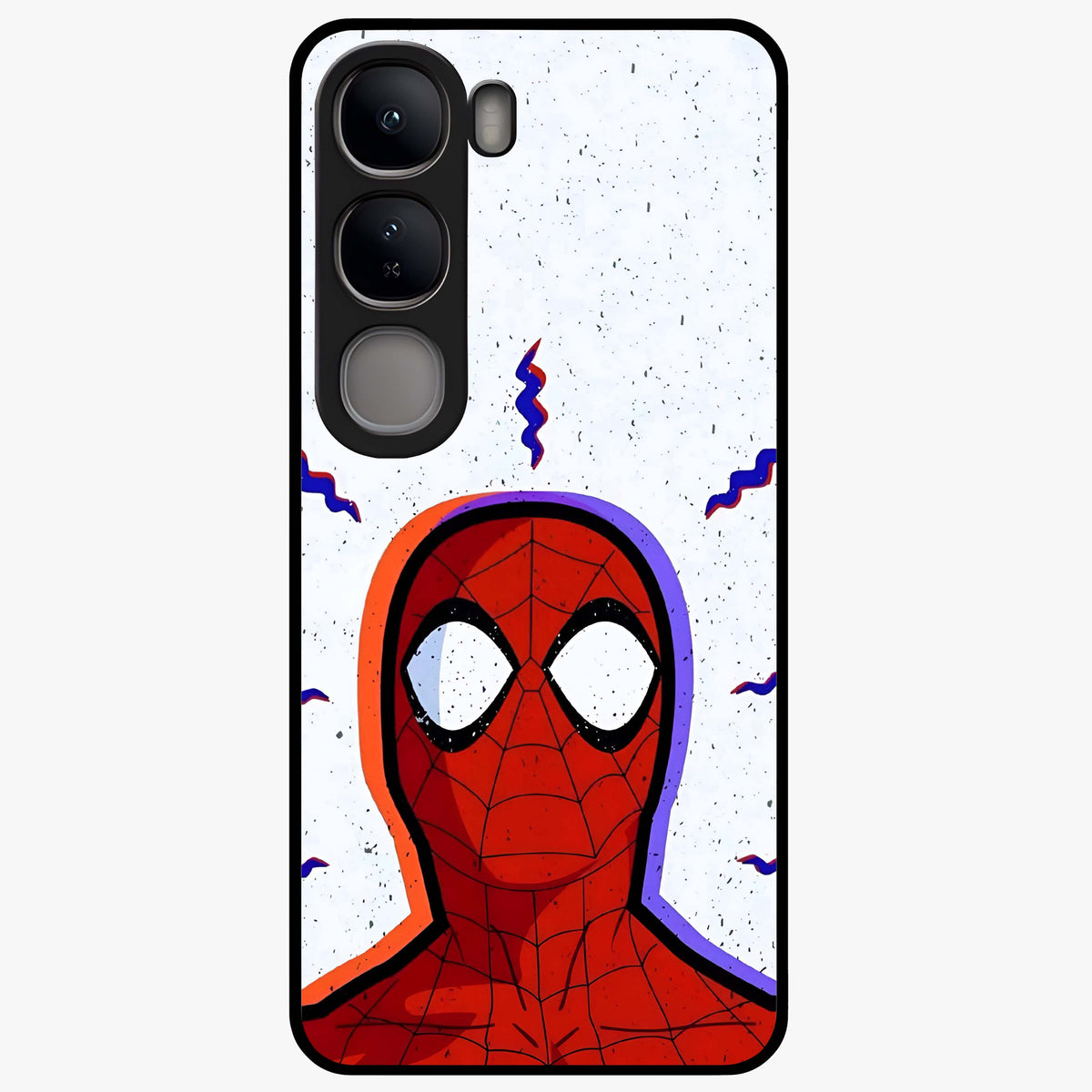 Omg Spiderman Glass Case showing flat back view with bold superhero inspired artwork and glossy glass finish.