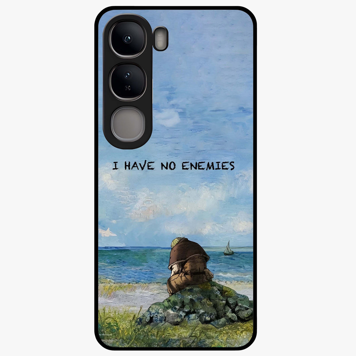 Peace Beyond War Glass Case showing flat back view with symbolic peace themed artwork and glossy glass finish.
