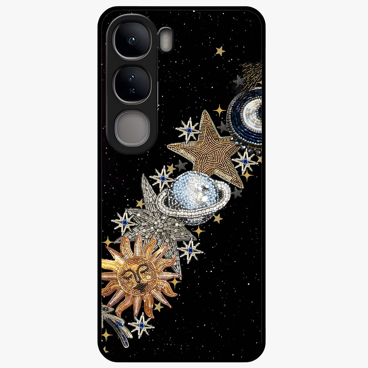 Pearls Universe Object Glass Case showing flat back view with pearl inspired cosmic artwork and glossy glass finish.