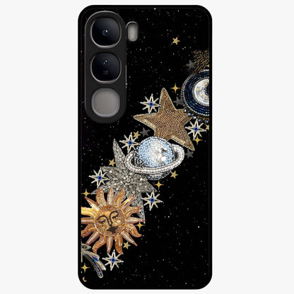 Pearls Universe Object Glass Case showing flat back view with pearl inspired cosmic artwork and glossy glass finish.