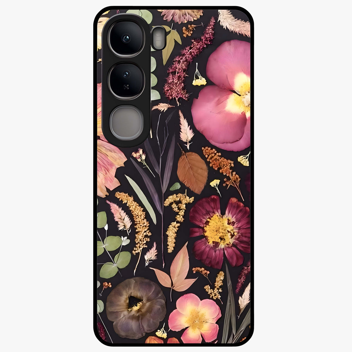 Petal Dream Tapestry Glass Case showing flat back view with intricate floral tapestry artwork and glossy glass finish.