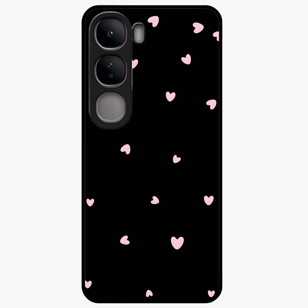 Pink Love Drops Glass Case showing flat back view with playful pink heart drops artwork and glossy glass finish.