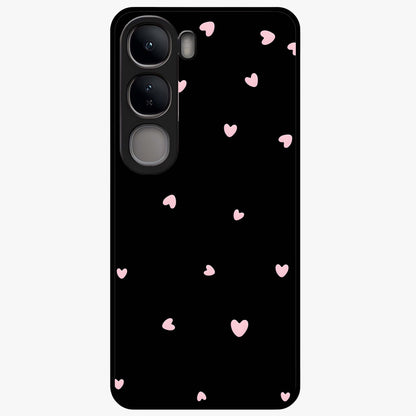 Pink Love Drops Glass Case showing flat back view with playful pink heart drops artwork and glossy glass finish.