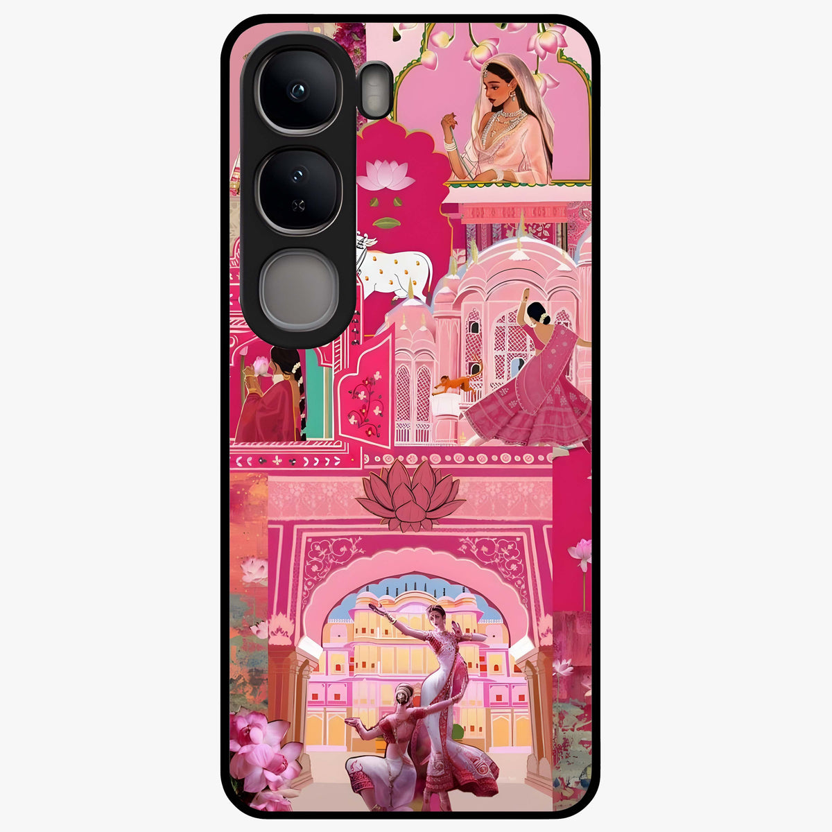 Pink Palace Muse Glass Case showing flat back view with elegant palace inspired artwork and glossy glass finish.
