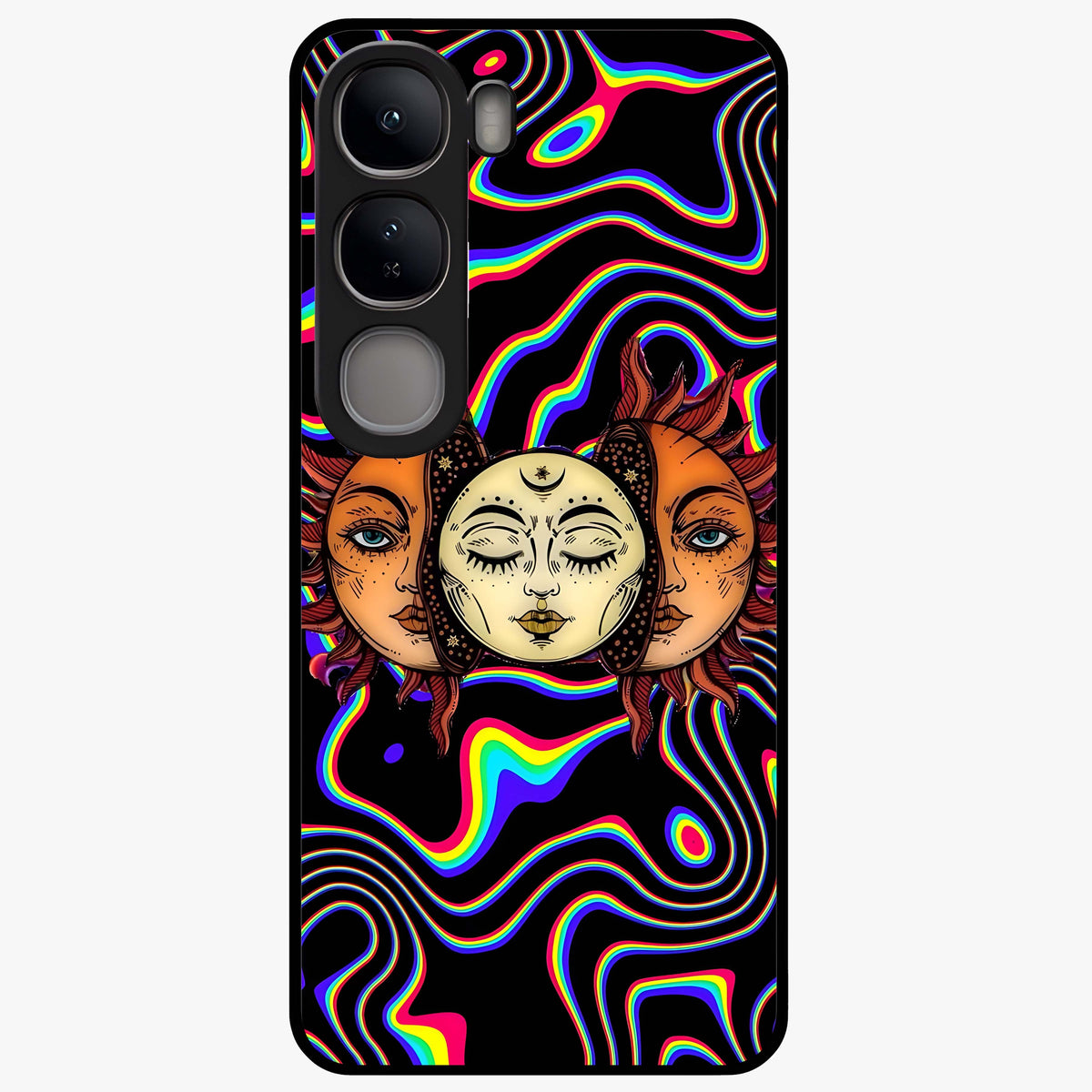 Psychedelic Sun Glass Case showing flat back view with colorful psychedelic sun artwork and glossy glass finish.