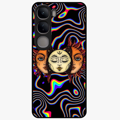 Psychedelic Sun Glass Case showing flat back view with colorful psychedelic sun artwork and glossy glass finish.
