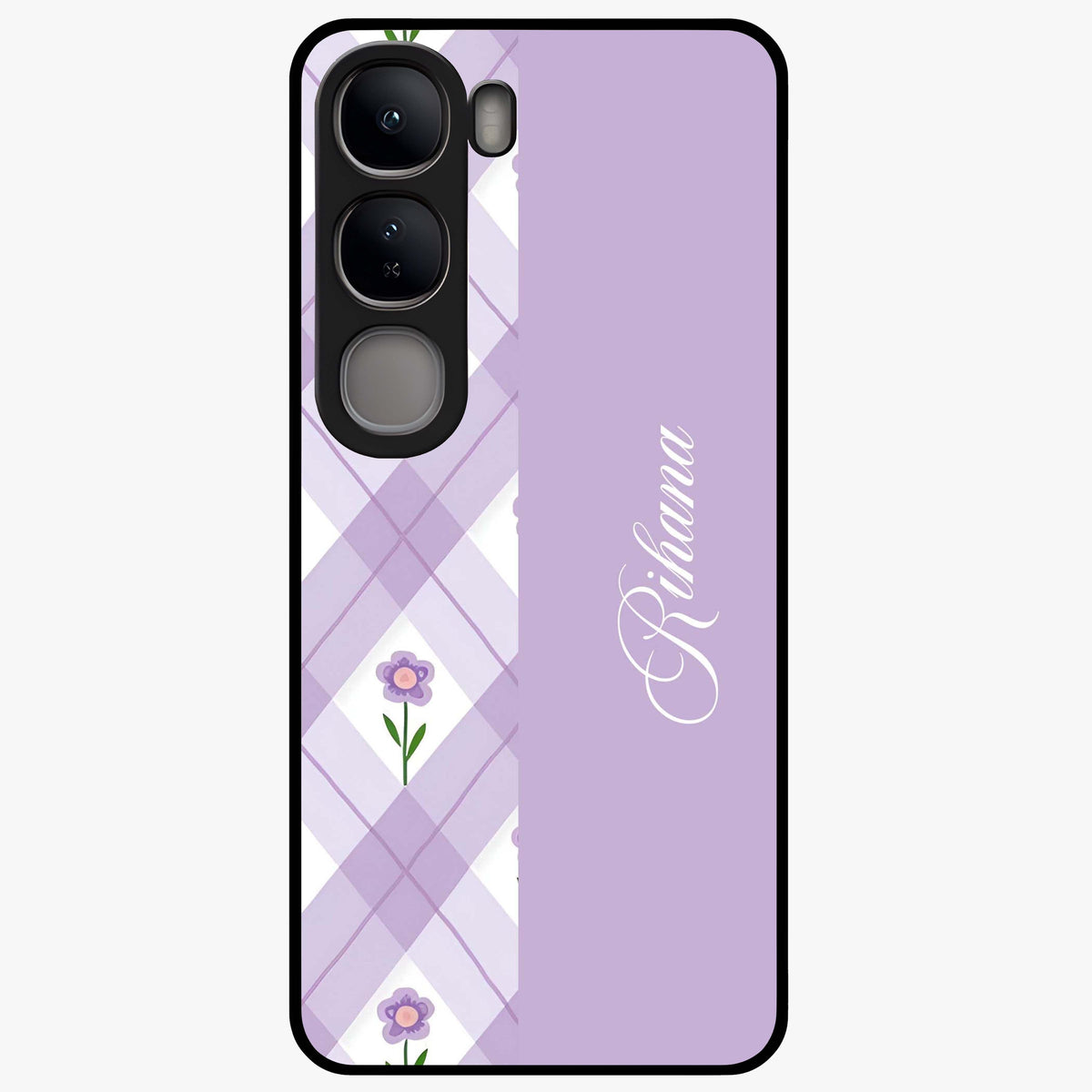 Purple Diamond Floral Glass Case showing flat back view with diamond shaped floral artwork and glossy glass finish.
