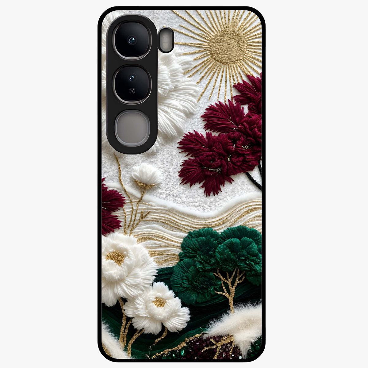 Radiant Bloom Elegance Glass Case showing flat back view with elegant blooming flower artwork and glossy glass finish.