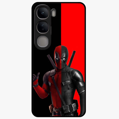 Red & Black Deadpool Theme Glass Case showing flat back view with bold comic inspired artwork and glossy glass finish.